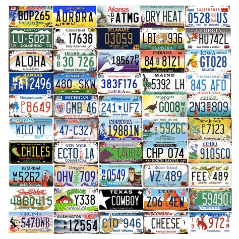 PRICES MAY VARY. 50 states license plate replica, embossed/stamped with raised letters & numbers, 1 for each state; The license plate features vibrant colors that will stand the test of time; intentionally designed to look weathered and rustic, the surface is with smooth, glossy finish; Made with tin, the plate measures 6 x 12 inches in size (15.2x30.5cm), the same with US license plates; comes with 4 pre-drilled holes for easy mounting or displaying; Our family-friendly license plates are great Raised Letters, Number Tags, Us States, U.s. States, License Plates, Early American, Letters And Numbers, Set Vintage, Picture Show