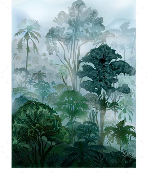 Tropical Rainforest by dracozlat misty wet wilderness rainforest. Vector landscape Amazon Rainforest Illustration, Rainforest Painting Easy, Tropical Island Drawing, Rainforest Tattoo, Tropical Landscape Painting, Rainforest Illustration, Jungle Watercolor, Jungle Painting, Vector Landscape