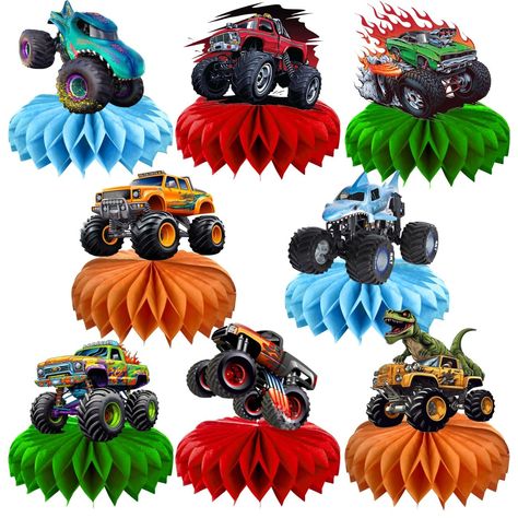 PRICES MAY VARY. These Monster Truck table decorations are made of high-quality cards, high-definition printing, with patterns on both sides. They are durable, lightweight, and no fading. Just take a short time to set up according to the picture. Tear off the sticker of the honeycomb ball and stick the card. Then you can enjoy the happy party atmosphere. These Monster Truck honeycomb centerpieces decorations are suitable for children's parties, family gatherings, school recreational activities, Monster Jam Birthday Party Activities, Young Wild And Three Monster Truck, Monster Truck Centerpieces Ideas, Hot Wheels Monster Truck Party, Monster Truck Table, Monster Jam Party Decorations, Monster Truck Party Ideas, Monster Jam Birthday Party Ideas, Monster Truck Theme Birthday Party