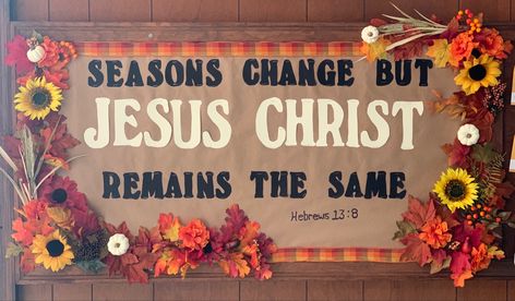 Christian Themed Fall Bulletin Boards, Christian October Bulletin Boards, Fall Bulletin Boards Christian School, Fall Classroom Door Christian, October Bulletin Board Ideas Christian, Autumn Bulletin Board Ideas For School, Blessing Board Ideas, Fall Season Bulletin Boards, Fall Bulletin Boards Christian