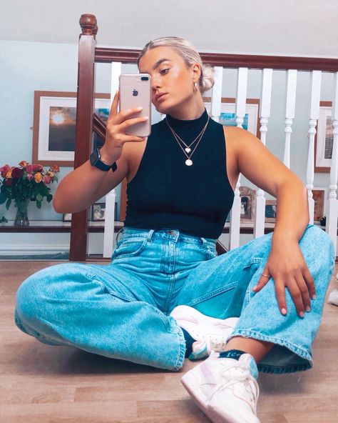 Baggy fit blue denim jeans Black halter neck bodysuit White ans pastel reebok’s  Layered gold chain Halter Neck Bodysuit, Bodysuit White, Uni Outfits, Black Halter, Blue Denim Jeans, Jeans Black, Baggy Fits, Halter Neck, Gold Chain