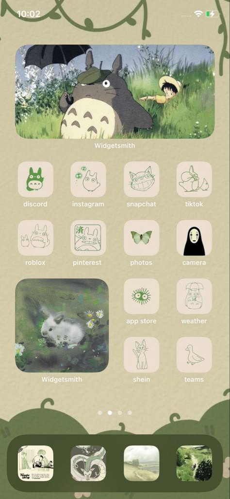 Asthetic Studio Ghibli Wallpapers, Ipad Home Screen Layout Anime, Beige Totoro Wallpaper, Totoro Themed Phone, Phone Themes Studio Ghibli, Totoro Iphone Layout, Ipad Wallpaper Totoro, Plant Phone Theme, Cute Phone Themes Green