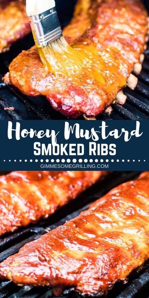 Step by Step instructions on making smoked ribs using the 3-2-1 method on your smoker. These smoked ribs are brushed at the end with a honey mustard sauce to give them a delicious, unique twist. They are fall apart tender and so delicious! #recipe #ribs Homemade Honey Mustard Sauce, Smoked Honey, Traeger Grill Recipes, Recipes Sides, Smoked Pork Ribs, Rib Sauce, Homemade Honey Mustard, Honey Bbq Sauce, Pellet Grill Recipes