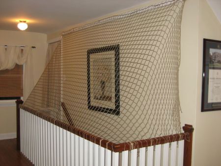 Safety Cat Proof Stair Railing, Staircase Safety Ideas, Stairs Safety Ideas, Loft Safety Railing, Childproofing Stairs, Baby Proofing Stairs, Loft Railing, Stairs Covering, Cat Proofing