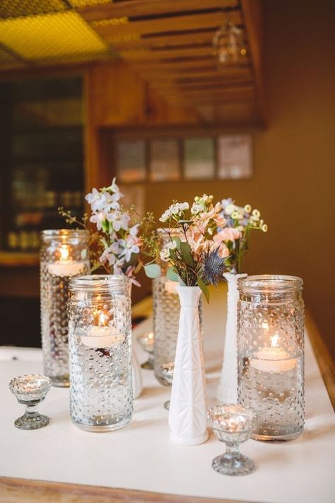 Floating Candles Mason Jars, Milk Glass Centerpiece, Milk Glass Wedding, Dollar Tree Centerpieces, Birmingham Botanical Gardens, Milk Glass Decor, French Country Wedding, Wedding Vase Centerpieces, Cheap Wedding Flowers