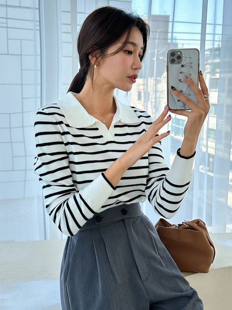 Dazy Shein, Collar Jumper, Collared Sweater, Stripe Outfits, Style Noir, Collar Sweater, Fabric Medium, Sweater Sale, White Casual