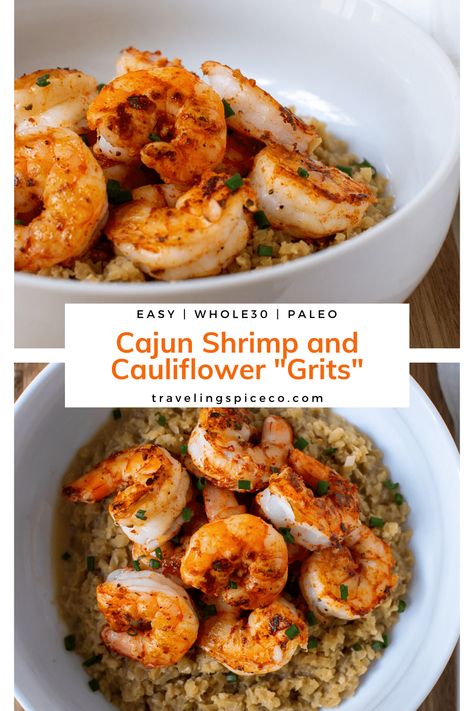 Cajun Shrimp and Cauliflower Grits – A healthy take on a traditional southern recipe. Whole30 and Paleo, this recipe is a quick and tasty dish. #shrimpandgrits #whole30recipes #cauliflowerrice #paleorecipes Shrimp And Cauliflower Grits, Cauliflower Grits, Southern Recipe, Delicious Paleo Recipes, Paleo Recipe, Cajun Shrimp, Paleo Dinner, Shrimp And Cauliflower, Recipe Inspiration