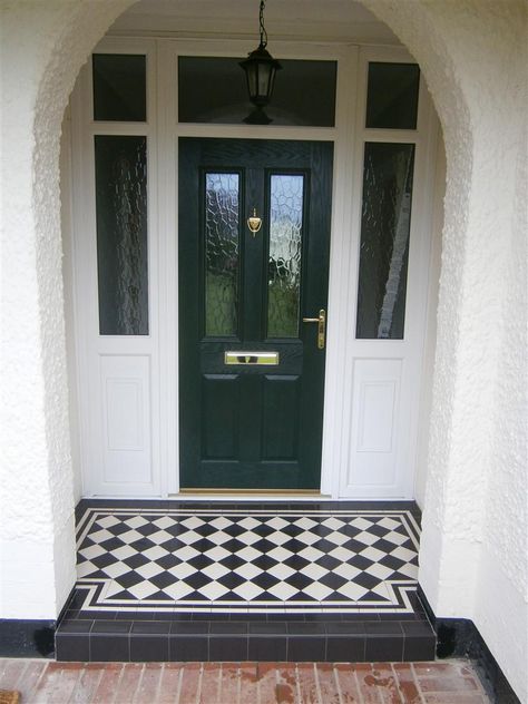 Victorian floor tiles gallery, Original Style floors, period floors 1930s House Exterior, Front Doors Uk, Victorian Front Doors, Front Door Steps, Front Porch Steps, Tile Steps, Victorian Porch, Victorian Floor Tiles, Porch Tile