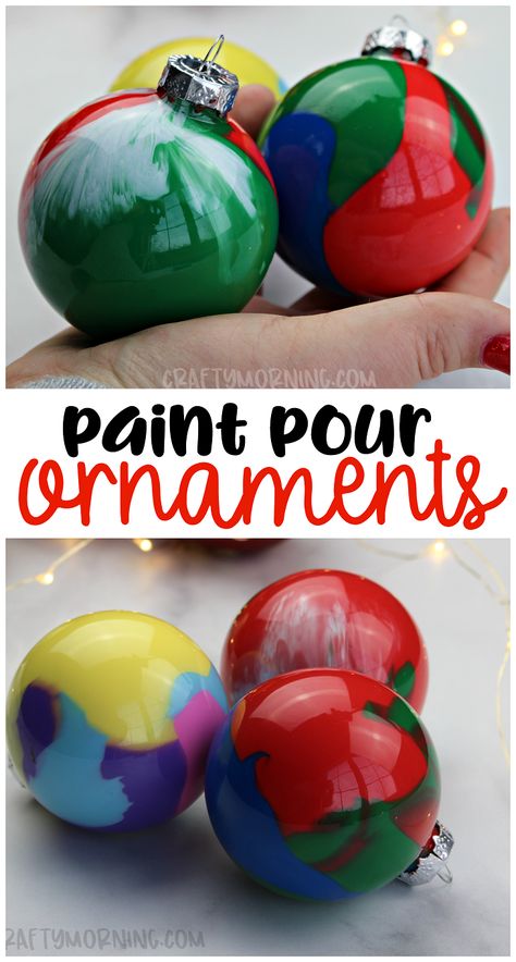 Make fun paint pour christmas ornaments for gifts! Fun christmas craft the kids can make. Christmas art project...make fun decorations! #christmas #christmasornaments #diyornaments #paintpourornaments #christmascrafts #christmasprojects #craftymorning Christmas Gifts For Preschoolers To Make For Parents, Paint In Ornaments Diy, Empty Ornament Ideas Kids, Christmas Ornaments With Clear Plastic Balls, Poured Paint Christmas Ornaments, Process Art Christmas Ornaments, Pour Painting Christmas Ornaments, Kids Clear Ornament Craft, Paint Ornaments Diy Kids