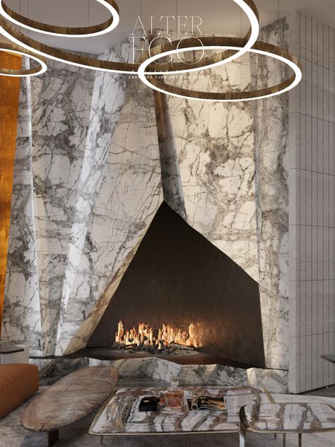 This modern wall fireplace is crafted from the highest quality marble and features a uniquely bespoke form for a one-of-a-kind look. The oversized marble slabs feature a sleek and minimalistic design that will fit perfectly into any contemporary space. The perfect combination of luxury and modernity. ALTER EGO Project Group is an internationally acclaimed, multi-award-winning architecture and interior design firm. Featured in Forbes, company’s top work attracts A-list clientele. Contemporary Fireplace Designs, Luxury Fireplace, Hearth Stone, White Elephant Game, Modern Living Room Interior, Marble Fireplace, The Penthouse, Home Design Inspiration, Luxury Marble