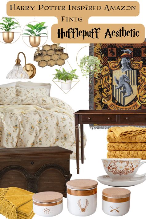 Hufflepuff mood board with wood tones, floral yellows, and golds. Hufflepuff Home Decor, Hufflepuff Christmas Aesthetic, Hufflepuff Inspired Living Room, Hufflepuff Room Bedrooms, Hufflepuff Common Room Bedrooms, Harry Potter Office Aesthetic, Boho Harry Potter Bedroom, Harry Potter Inspired Home Decor, Hufflepuff Themed Bedroom