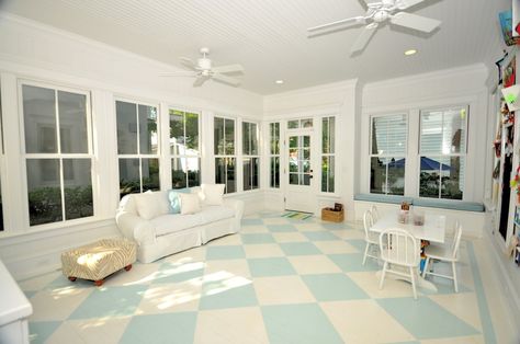 Love the floor Sunroom Playroom Ideas, Porch Playroom, Sunroom Playroom, Playroom Area, Monochromatic Bedroom, All Season Room, Kid's Playroom, 3 Season Room, 4 Season Room