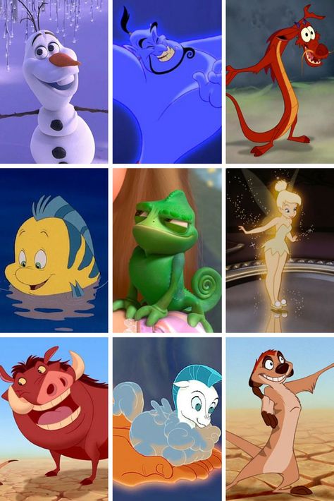 Every hero needs a helper - who is your Disney sidekick? Find out here! Disney Side Characters, Mulan Dragon, Disney Memes Funny Hilarious, Quiz Disney, Disney Heroes, Disney Sidekicks, Disney Mignon, Characters Disney, Pixar Memes Funny