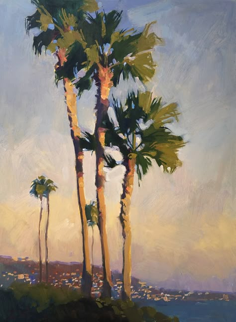 Sunset Palms by Jennifer Diehl Trees Swaying In The Wind, Retro Paintings, Trippy Colors, Tropical Beach Painting, Sea Grapes, Palm Beach House, Loose Art, Plant Paintings, Paintings Aesthetic