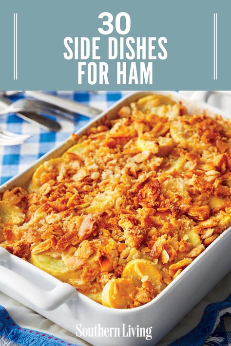 With the right sides, your ham can be a real showstopper—and the side dishes have more to do with that than you think. Is it even possible to have ham without creamy potato salad or melty macaroni and cheese? Personally, we think not. We've rounded up our best side dishes for ham. #hamsidedishes #sidedish #hamsides #recipe #southernliving Roast Ham Sides, What Sides Go Good With Baked Ham, What To Cook With Ham, Ham Sides Dishes Easter, Things To Serve With Ham, What Goes With Ham Dinner, Potatoes To Go With Ham, Sides For Baked Ham Dinner, Ham Steak Side Dishes