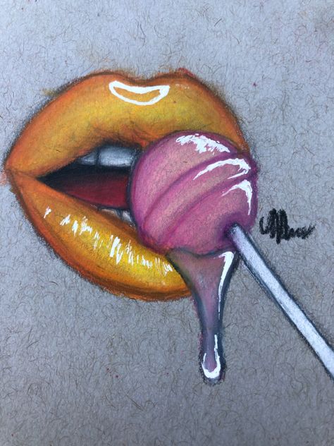 Yellow lips licking a pink lolipop Drippy Lips Drawing, Mouth With Lollipop Drawing, Lemon Lips Drawing, Lips With Lollipop Drawing, Mouth Eating Drawing, Drawing Ideas Lips, Doodle Anatomy, Yellow Lips, Ice Drawing