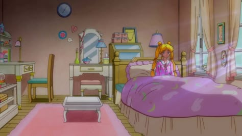 Anime Backgrounds Bedroom, Anime Bedrooms Backgrounds, Serena Sailor Moon, Anime Bedroom Illustration, Anime Rooms Illustration, Shoujo Girl Aesthetic Room, Powerpuff Girls Characters, Japanese Bedroom, Sailor Moon Usagi