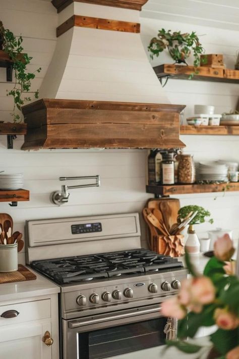 Rustic Farmhouse Range Hood Ideas for Your Kitchen Cottage Stove Hood, Shiplap Stove Hood, Range Hood With Open Shelving, Farmhouse Range Hood Ideas, Oven Hood Ideas, Stove Hood Ideas, Farmhouse Range Hood, Hoods Over Stoves, Modern Farmhouse Kitchen Decor Ideas