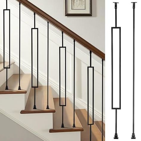 WICHEMI Wrought Iron Balusters, 16 Pack Hollow Stair Spindles 1/2" Deck Balusters for Staircase Interior Square Metal Stair Railing with 32 Baluster Fixed Swivel Shoes - 8 Square & 8 Straight: Amazon.com: Tools & Home Improvement Iron Spindle Staircase, Stairway Railing Ideas, Wrought Iron Spindles, Iron Staircase Railing, Staircase Metal, Metal Stair Railing, Metal Balusters, Staircase Interior, Deck Balusters