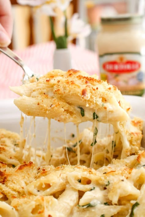 Oven-Baked Alfredo Pennoni and Cheese | The Two Bite Club | #alfredosauce #macaroniandcheese #pasta #ad Oven Baked Alfredo Pasta, Baked Pasta Alfredo Recipe, Alfredo With Ricotta Cheese, Baked Fettucini Alfredo Easy, Pennoni Recipes, Oven Alfredo Pasta, Baked Alfredo Pasta Recipes, Pasta In Oven Recipes, Cheesy Alfredo Pasta Bake