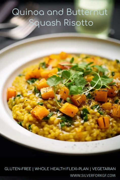 Embrace the healthful goodness of our Quinoa and Butternut Squash Risotto, a dish that harmoniously blends nutrient-packed quinoa and sweet, tender butternut squash. Designed following the Whole Health Flexi-Plan and Silver Fork Gluten-Free guidelines, this recipe offers a balance of flavor, nutrition, and mindful eating. Healthy Risotto Recipes, Healthy Risotto, Butternut Squash Quinoa, Vegan Risotto, Butternut Squash Cubes, Squash Risotto, Butternut Squash Risotto, High Fiber Diet, Whole Food Diet