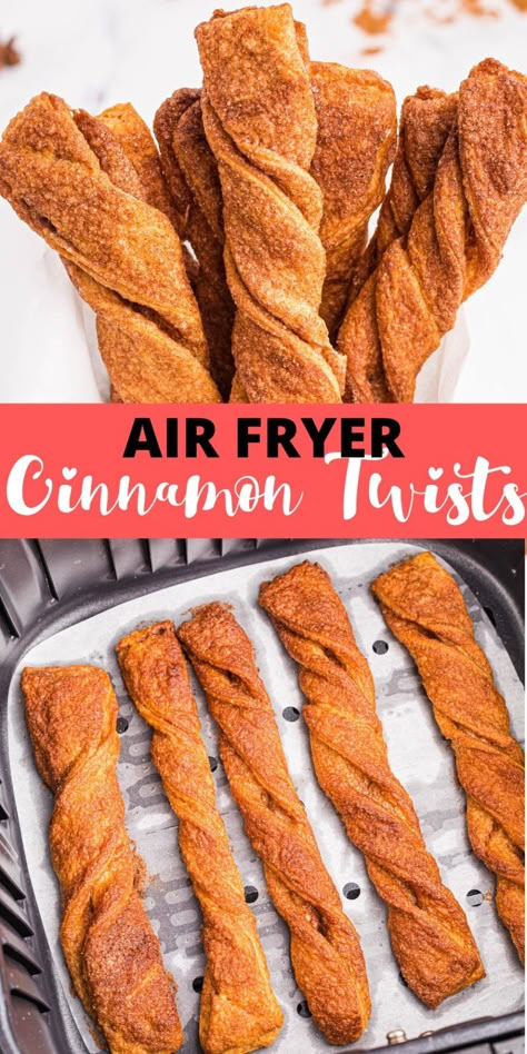 Air Fryer Cinnamon Twists are a crunchy snack packed with cinnamon flavor. Every warm bite will melt in your mouth! Air Fryer Cinnamon Twists, Air Fryer Cinnamon Tortilla Chips, Air Fryer Tortilla Dessert, Simple Air Fryer Snacks, Cinnamon Melties, Air Fryer Cinnamon Roll Bites, Airfryer Snacks, Warm Snacks, Air Fryer Breakfast Recipes