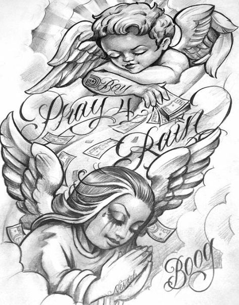 Tattoo Guardian Angel, Boog Tattoo, Mr Cartoon Tattoo, Chicano Tattoos Sleeve, Angel Tattoos, Cholo Art, Chicano Tattoos, Chicano Art Tattoos, Chicano Drawings