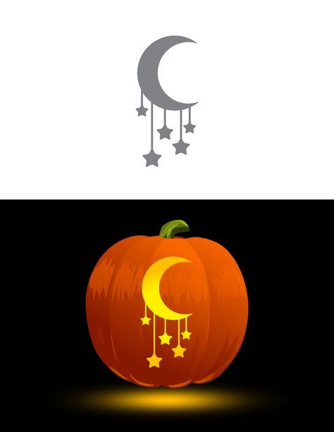 Printable Moon and Hanging Stars Pumpkin Stencil Sun And Moon Pumpkin Carving, Stars Pumpkin Carving, Pumpkin Carving Ideas Moon And Stars, Star And Moon Pumpkin Carving, Pumpkin Carving Moon And Stars, Moon And Stars Pumpkin Carving, Witchy Pumpkin Carving, Pumpkin Carving Stars And Moon, Night Sky Pumpkin Carving