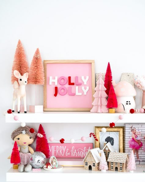 I'm in love with our little girls Christmas bedroom decor and I'm sharing all the details with you here! This adorable rose gold tree in the perfect girly touch, along with pink bottle brush trees and holiday bedding. #christmas #christmasdecor #christmastree #holidaydecor #girlsbedroom #girlsbedroomdecor #girlsroom #kidsdecor Girls Christmas Bedroom, Kids Christmas Bedroom, Pink Christmas Bedroom, Pink And Red Christmas, Red Christmas Decorations, Christmas Bedroom Decor, Pink Xmas, Preppy Christmas, Pink Christmas Decorations