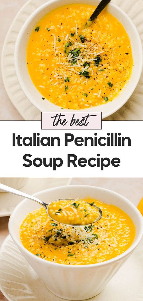 This Italian penicillin soup is warm, delicious, and easy to make—a perfect comforting bowl for any day! Enjoy this vegetarian take on classic penicillin soup with rich Italian flavors, making it the best Italian penicillin soup for cozy evenings. No Pasta Soup Recipes, 5 Ingredient Or Less Soup Recipes, Light Easy Soup Recipes, Cold Buster Soup Vegetarian, Italian Feel Better Soup, Italian Soup For Colds, Recipes With No Tomatoes, Dinner Ideas Easy On The Stomach, Italian Penecillian Soup