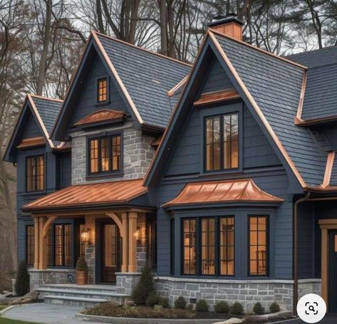 Blue Siding With Wood Accents, Dark Navy Blue House Exterior, Small Cosy House Exterior, New Siding On House Before And After, Navy Blue Home Exterior, Navy Siding Exterior, Navy Blue House Exterior With Cedar, Wooden House Colors Exterior, Dark Blue House Exterior With Wood