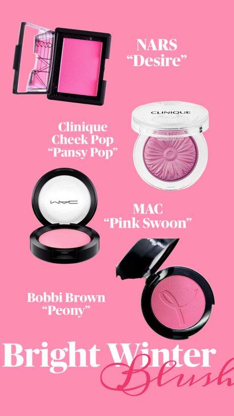 Bright Winter shines with vivid, cool-toned blushes. Here are our top picks:  	1.	NARS Blush in Desire - A bright, cool pink that adds an eye-catching flush. 	2.	Clinique Cheek Pop in Pansy Pop - A vivid cool pink that enhances Bright Winter’s vibrancy. 	3.	MAC Powder Blush in Pink Swoon - A bright, cool pink perfect for adding a fresh glow. 	4.	Bobbi Brown Blush in Peony - A bright, cool pink that adds a lively flush. Pin now for blush recommendations that suit Bright Winter’s bold, vibrant look! Bright Winter Makeup Products, Winter Blush Makeup, Bright Winter Makeup, Clinique Cheek Pop, Winter Celebrities, Bobbi Brown Blush, Makeup Looks Winter, Brown Blush, Winter Palette