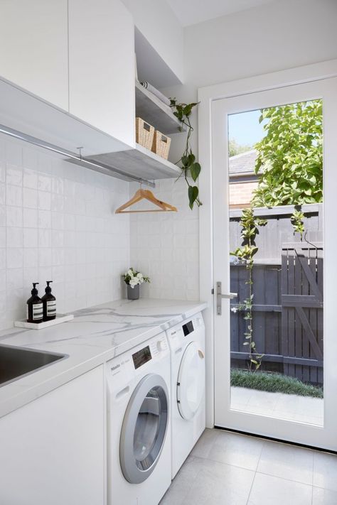 Malvern House - Projects - polytec Small Space Laundry Room, Small Space Laundry, Malvern House, Narrow Laundry, Laundry Renovation, Narrow Laundry Room, Small Laundry Room Makeover, Bathroom Ensuite, Kitchen And Laundry