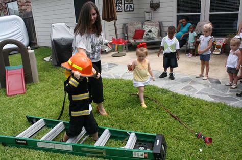 Gavin's Firetruck Party | CatchMyParty.com Firefighter Obstacle Course, Firefighter Obstacle Course For Kids, Fire Truck Birthday Party Ideas, Fire Engine Birthday Party, Birthday Firefighter, Ladder Game, Birthday Greetings For Women, Fire Engine Birthday, Fire Truck Birthday Party