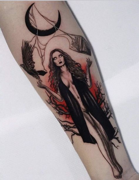 Dark Tattoos For Women Ideas, Horror Patchwork Tattoo Sleeve, Witch Tattoo Arm Sleeve, Witch Pin Up Tattoo, Horror Tattoos For Women, Creepy Tattoos For Women, Witch Tattoo Sleeve, Lilith Tattoo Art, Wicca Tattoo