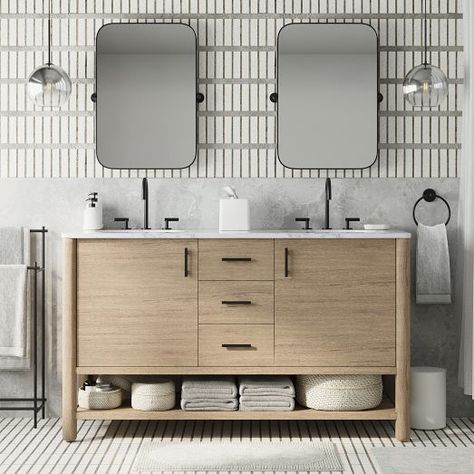 Bathroom Renovation | West Elm 60 Inch Vanity, Big Bathroom, Plumbing Installation, Vanity Faucet, Double Bathroom, Wood Cover, Double Bathroom Vanity, Wood Vanity, Stylish Bathroom