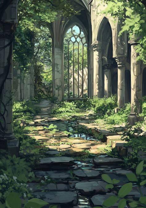 Step into a world where nature and history intertwine with “The Overgrown Abbey,” a captivating digital artwork from the Secret Gardens collection. This stunning piece depicts an ancient abbey, its towering arches now entwined with vines and bathed in soft sunlight. The path below, paved with weathered stones and lined with lush greenery, leads you deeper into the heart of this forgotten sanctuary, where nature has slowly reclaimed the once-sacred space. The detailed textures of the crumbling st Nature Reclaiming Art, Overgrown Backyard, Overgrown City, Overgrown Garden, Garden Line, Forgotten Places, Castle Aesthetic, Hidden Garden, Stone Ground