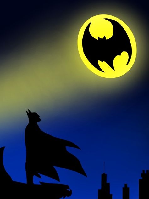 Digital painting of Batman in Gotham City looking at the bat signal. Batman Digital Art, Batman Parking Spot Painting, Batman Painting Easy, Gotham City Painting, Batman Canvas Painting, The Batman Painting, Batman Logo Painting, Bat Signal In Sky, Batman Sleeve