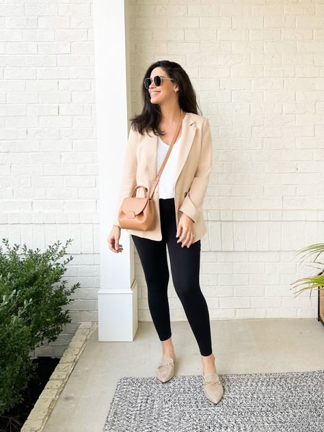 Mule Office Outfit, Beige Blazer Office Outfit, Tan Mules Outfit Work, Leggings With Blazer Outfit, Taupe Mules Outfit, Beige Mules Outfit, Classy Leggings Outfit, Leggings And Blazer Outfit, Tan Mules Outfit