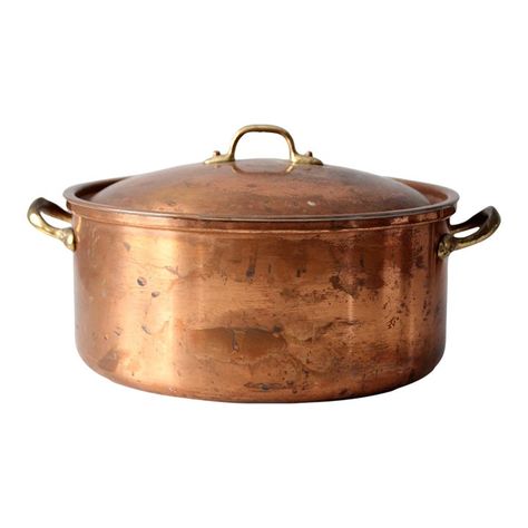 This is a vintage ODI of Portugal copper pot. The classic copper cookware features a lid and brass handles. It is lined. Vintage Kitchen Supplies, Vintage Copper Pots, Kitchen Basket, Kitchen Goals, Marble Accessories, Vintage Cookware, Copper Decor, Copper Cookware, Vintage Cooking