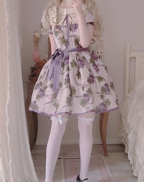 Fruit Clothes, Grape Dress, Aesthetic Doll, Fairy Kei Dress With Ruffles And Fitted Style, Cute Feminine Outfits, Fitted Fairy Kei Dress With Ruffles, Spring Fairy Kei Mini Dress With Ruffles, Egl Fashion Sweet, Cute Coquette