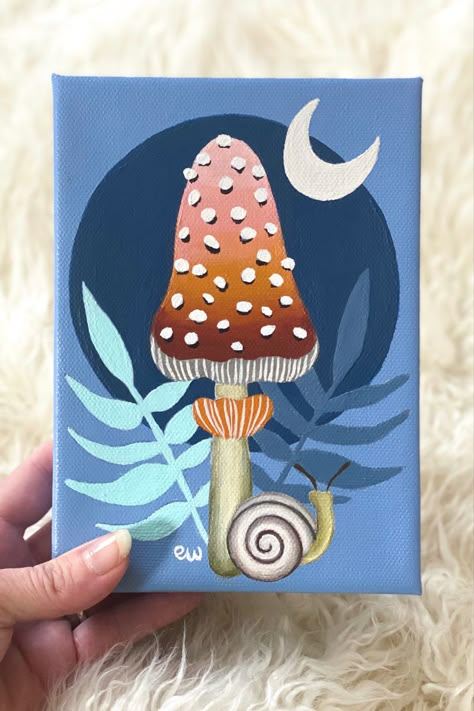 Small Simple Paintings, Mushroom Painting Ideas, Vibe Drawing, Fairy Garden Pictures, Goth Embroidery, Lamp Painting, Drawing Gifts, Cottagecore Crafts, Mushroom Painting