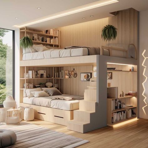 Bedroom Ideas For Small Rooms With Two Beds, Bedroom Design With Loft Bed, 4 People Bedroom Ideas, 2 Bedroom Ideas For Small Rooms, Loft Bed Children Room, Bedroom Design 2 Beds, Kids Bedroom For 3 Children, Small Room Ideas Two Beds, Large Kids Bedroom Layout