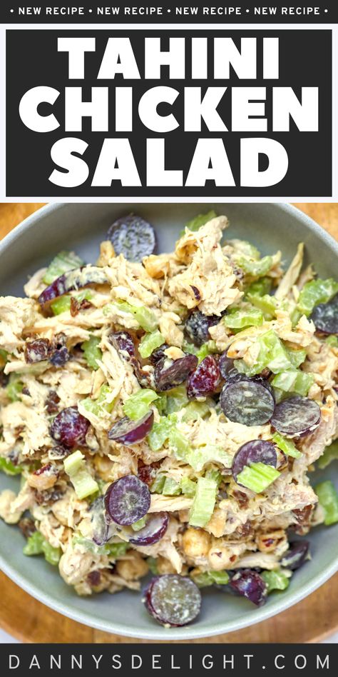 Easy Tahini Chicken Salad** 🥗🍇 Ready in minutes and full of flavor! Tender chicken, fresh veggies, and creamy tahini make this salad a must-try. 😋🍗 #QuickEats #HealthyFood Tahini Chicken, Sweet Potato Salad Recipe, Beef Salad, Salad With Sweet Potato, Tahini Dressing, Meals In A Jar, Tender Chicken, Potatoe Salad Recipe, Mediterranean Diet Recipes