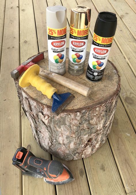 » MY DIY | Gold-Dipped Side Table Stump Tree Stump Painting Ideas, Tree Stump End Table Diy, Tree Stump Side Table Diy, Stump Side Table Diy, Tree Stump Outdoor Side Table Diy, Log Furniture Diy, Tree Stumps Diy, Wood Stump Side Table Patio, Wood Stump Side Table