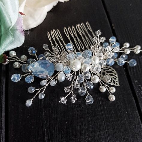 Blue-white Wedding Comb, Bridesmaid Wedding Crystal Headpiece, Hair Piece for Bridesmaids, Blue Wedding Headpiece, Crystal Pin Hair Ornament - Etsy UK Blue Wedding Headpiece, Bridesmaids Blue, Blue Hair Pins, Blue Wedding Jewelry, Blue White Weddings, Blue Hair Accessories, Wedding Comb, Hair Jewellery, Pin Hair