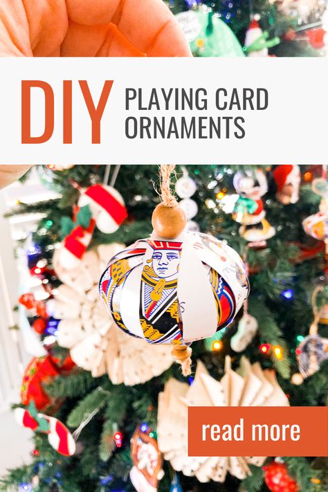 Game Christmas Ornament, Board Game Christmas Ornaments, Board Game Ornaments Diy, Crafts Using Playing Cards, Playing Card Christmas Ornaments, Poker Christmas Tree, Playing Card Ornaments Diy, Playing Card Crafts Diy, Playing Card Ornaments