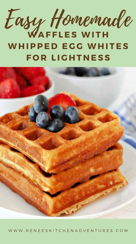 3 waffles with berries on top on plate ready to eat. Homemade Waffle Recipe, Honey Waffles, Whipped Egg Whites, Homemade Waffle, Homemade Waffles, Waffle Recipe, Recipe Breakfast, Golden Honey, Egg Whites