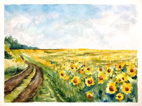 Watercolor Christmas Cards Diy, Field Of Sunflowers, Summer Country, Watercolour Landscape, Country Landscape, Farm Art, Watercolor Paintings Easy, Watercolor Sketchbook, Country Landscaping