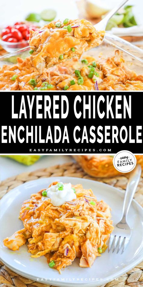 EASY family friendly dinner! Layered chicken enchilada casserole is that new kid favorite meal you’ve been looking for! Use premade shredded chicken, green chilies, and flavor packed enchilada sauce for the most delicious meal that everyone is sure to devour! It’s a one-pan oven baked chicken dish that the whole family will be happily eating in no time. Easy clean up, hands off cooking, and gooey cheesy layers of enchilada make this an instant win for any family. Layered Chicken Enchilada Casserole, Green Chili Chicken Enchilada Casserole, Shredded Chicken Enchiladas, Easy Chicken Enchilada Casserole, Healthy Chicken Enchiladas, Chicken Enchilada Casserole Recipe, Chicken Enchilada Bake, Viral Recipes, Enchilada Casserole Recipes